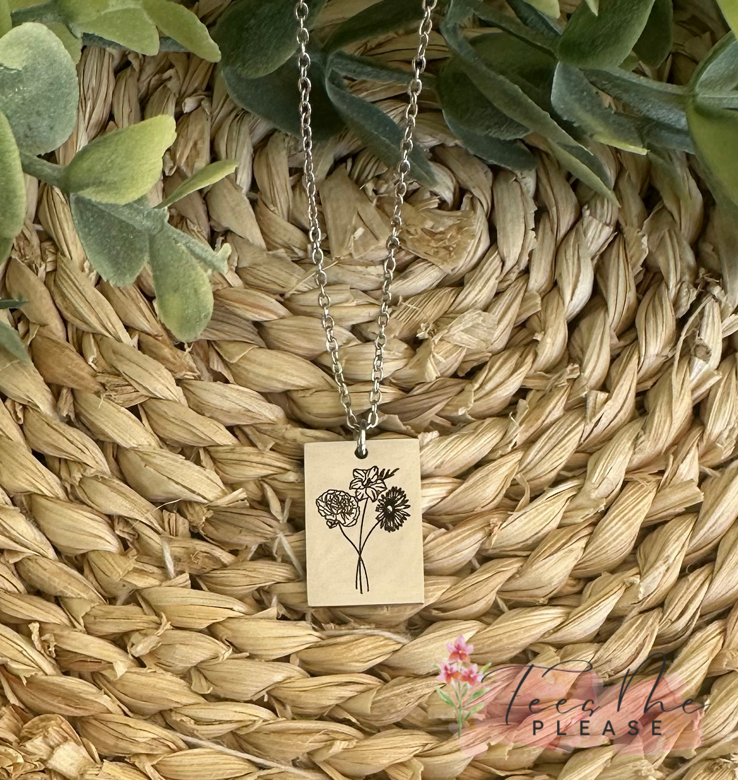 Rectangle Birth Flower Necklace
